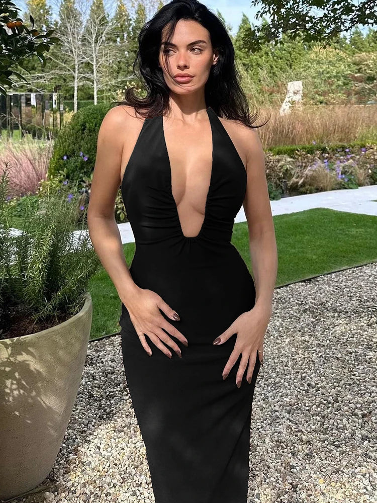 Halter Neck Deep Plunge Ruched Side Bodycon Maxi Dress