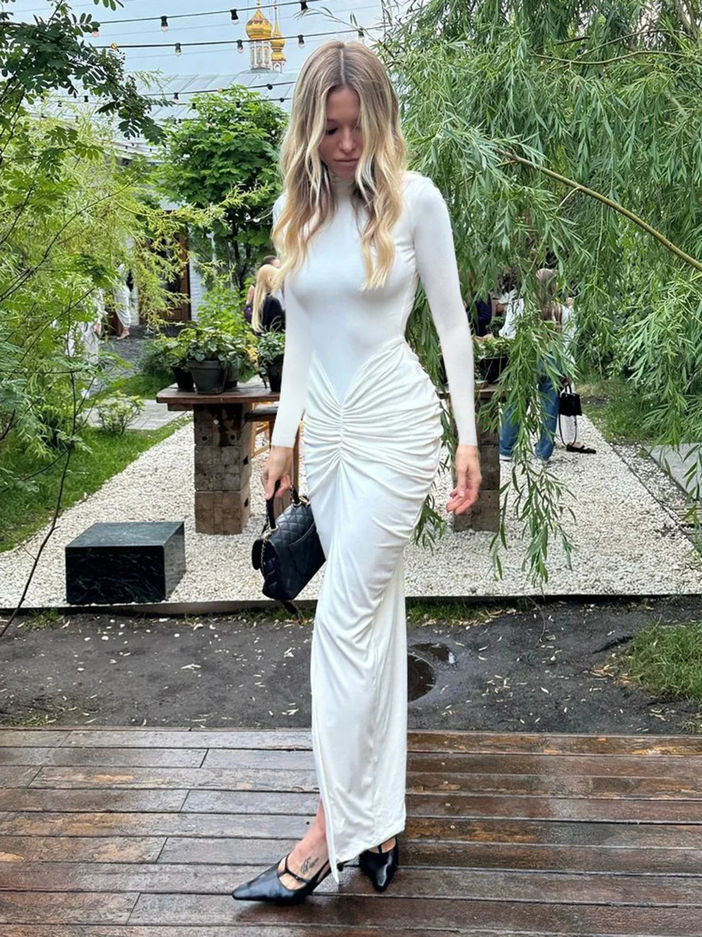 Mock Neck Long Sleeve Center Ruched Drape Maxi Dress