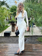 Mock Neck Long Sleeve Center Ruched Drape Maxi Dress