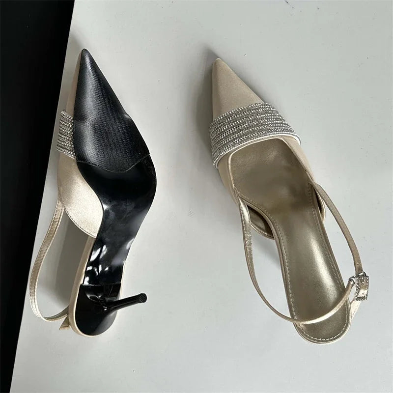 Crystal Rhinestone Silk Women Pumps with Slingbacks and Buckle Strap, Prom Thin Heels