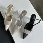 Crystal Rhinestone Silk Women Pumps with Slingbacks and Buckle Strap, Prom Thin Heels