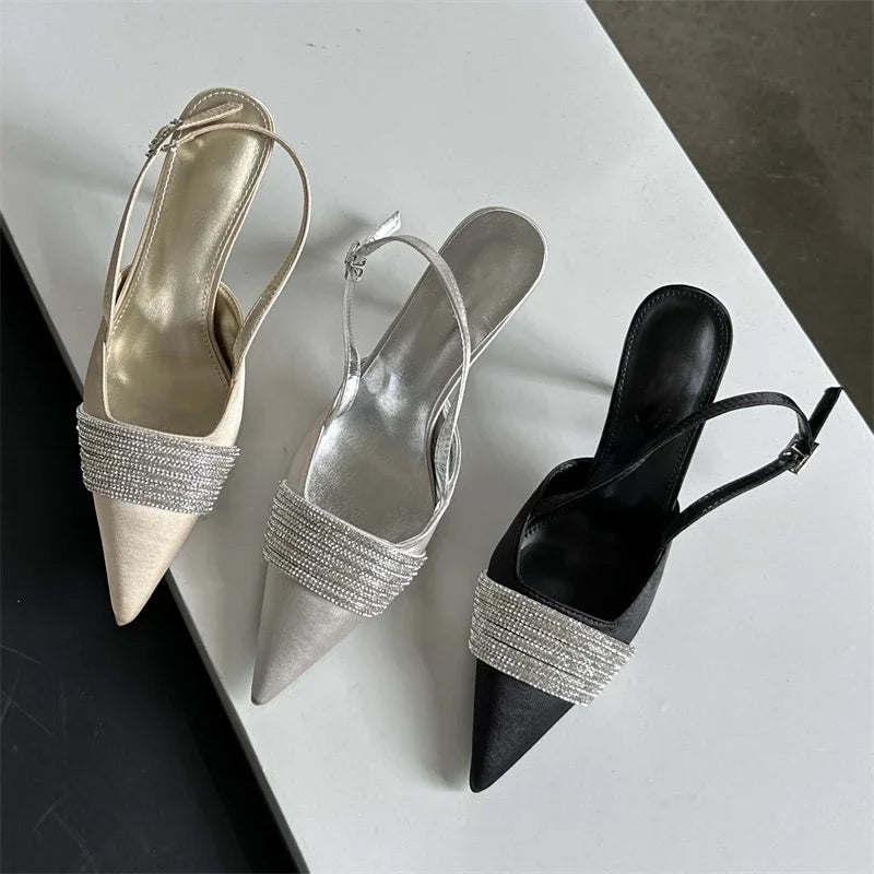 Crystal Rhinestone Silk Women Pumps with Slingbacks and Buckle Strap, Prom Thin Heels