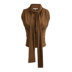 Women Sleeveless Tie Neck Plain Top JERSEY TOP WITH BOW Ruched V-neck Knot Detail Tank Top