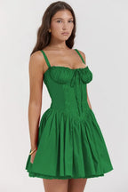 Corset Bodice Lace Trim Drop Waist Pleated Fit and Flare Mini Dress