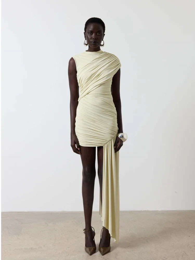 Mock Neck Sleeveless Ruched Asymmetric Draped Side Tail Mini Dress