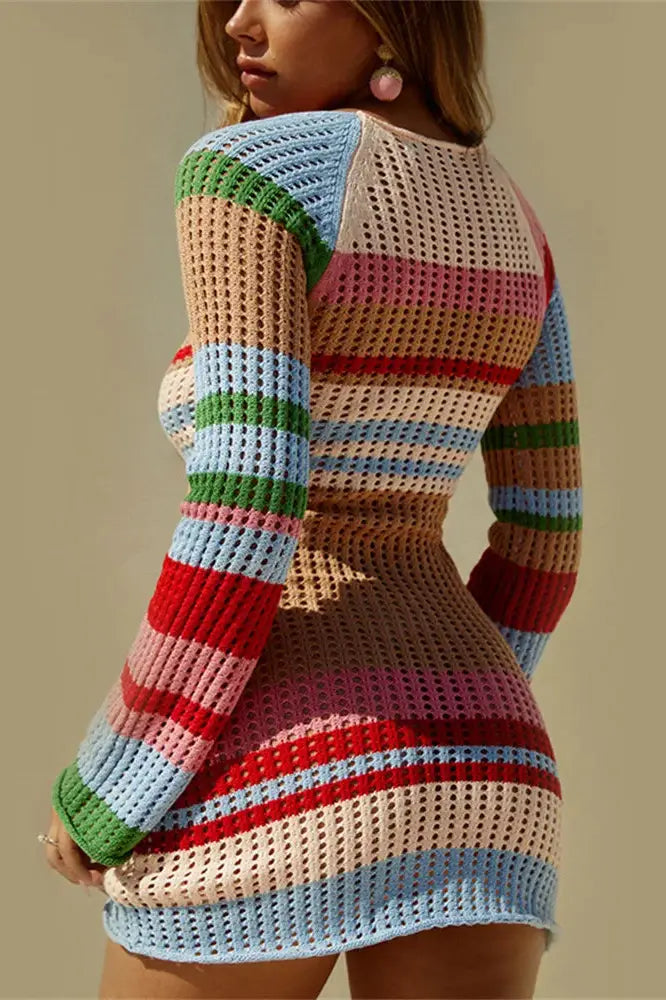 Striped Mini Dress with Knit Hollow Out Detail