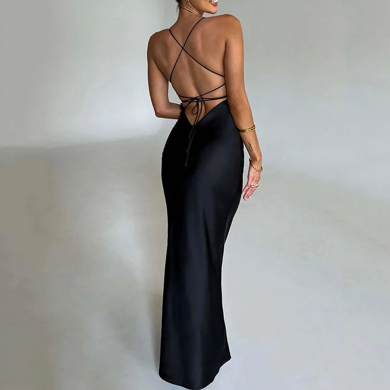 Cross Strap Lace Up Back Satin Maxi Dress