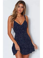 Polka Dot Ruffle Strap Deep V-Neck Fit and Flare Mini Dress