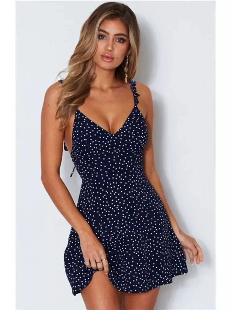 Polka Dot Ruffle Strap Deep V-Neck Fit and Flare Mini Dress