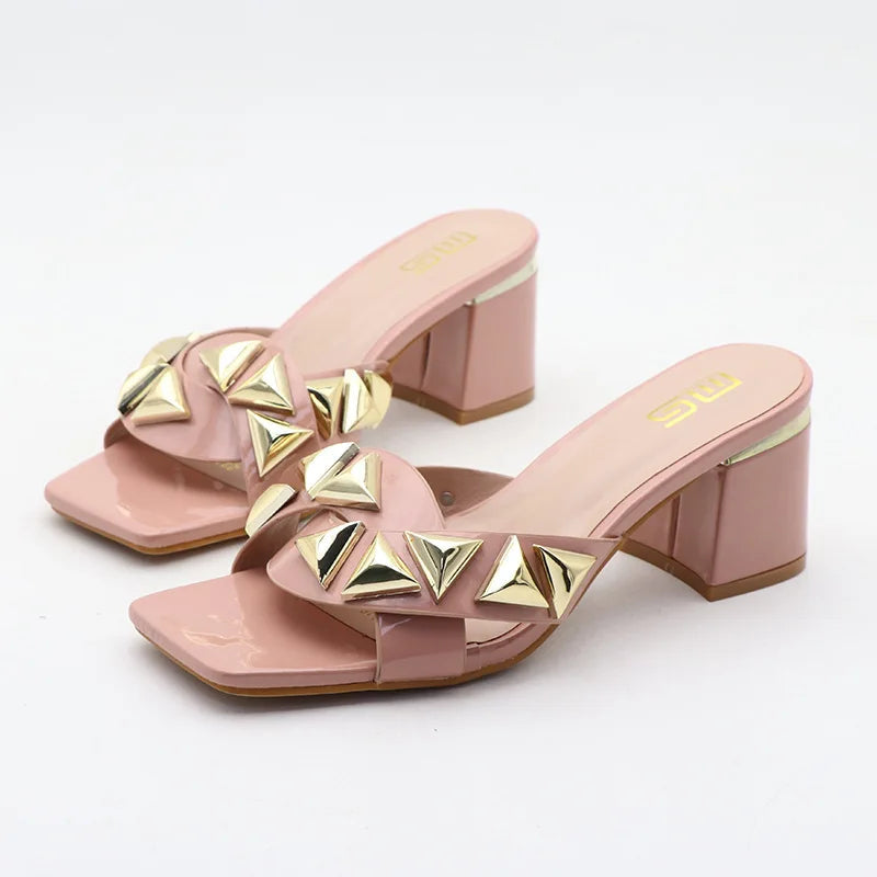 Metal decorative willow nails open toe sandals with 7CM thick heels
