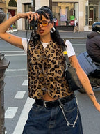 Leopard Print Pin Vest For Women V-Neck Sleeveless Fashion Hot Girl Cardigan Top Female Autumn New Slim Fit Short Vest