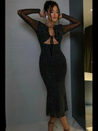 Rhinestone Mesh Long Sleeve Tie Front Cut Out Two Piece Set