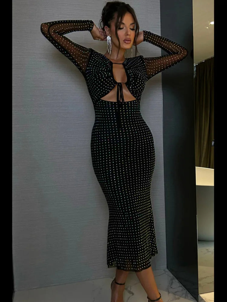 Rhinestone Mesh Long Sleeve Tie Front Cut Out Two Piece Set