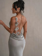 Floral Applique Spaghetti Strap Cowl Back Open Back Maxi Gown