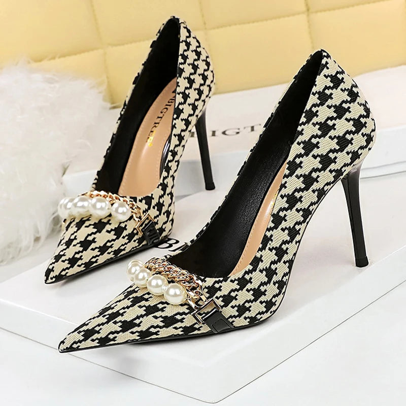 Grain Women Pumps with Pearl Chain Design - High Quality High Heels