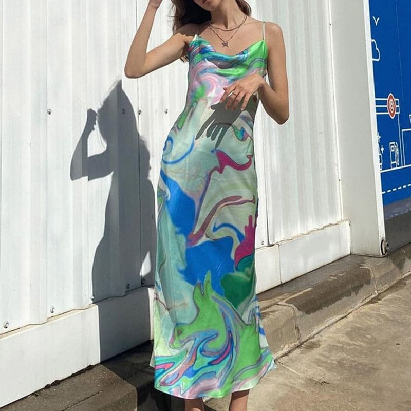 Cowl Neck Spaghetti Strap Abstract Swirl Print Satin Slip Maxi Dress