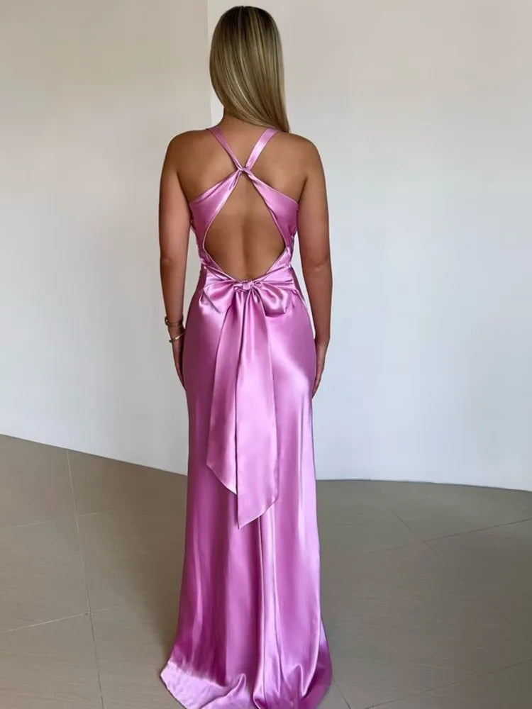 Plunging V-Neck Twisted Knot Bust Satin Bias Cut Maxi Gown