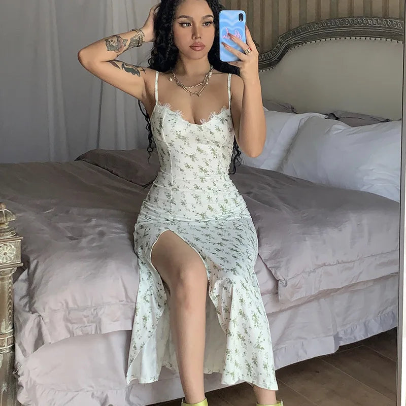 Floral Lace Trim Bustier Low Back Spaghetti Strap Midi Dress