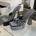 Sequin Cloth Pleated Platform Slide Shoes for Women