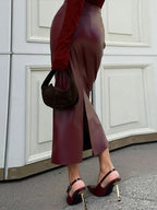 Retro Solid Color Leather Women's Skirt New Fashion Slim Fit Casual Long Skirts Autumn Elegant Vintage Split Skirt for Women