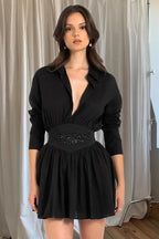 V-Neck Long Sleeve Mini Dress with High Waist