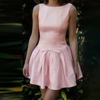 Satin Boat Neck Sleeveless Front Bow Waist Pleated Fit and Flare Mini Dress