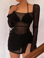 Sheer Mesh Long Sleeve Square Neck High Slit Mini Dress