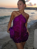 Sequin Beaded Halter Neck Scalloped Fringe Overlay Mini Dress