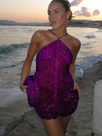 Sequin Beaded Halter Neck Scalloped Fringe Overlay Mini Dress