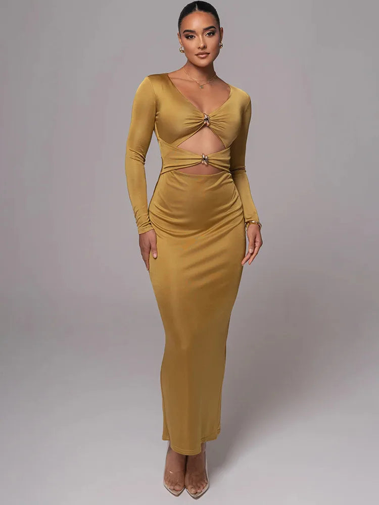V-Neck Long Sleeve Ring Hardware Cut Out Bodycon Maxi Dress