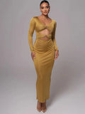 V-Neck Long Sleeve Ring Hardware Cut Out Bodycon Maxi Dress