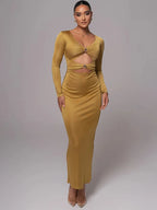 V-Neck Long Sleeve Ring Hardware Cut Out Bodycon Maxi Dress