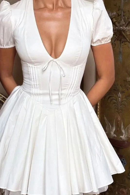 V-Neck High Waist Pleated Mini Dress with Short Sleeves