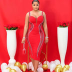 Rhinestone Mesh Illusion Plunging Halter Bodycon Midi Dress