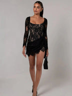 Corset Draped Square Collar Ruched Lace Dress