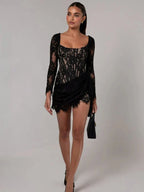 Square Neck Lace Corset Long Sleeve Ruched Scalloped Hem Mini Dress