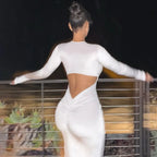 Long Sleeve Teardrop Keyhole Cutout Shimmer Knit Ruched Waist Midi Dress