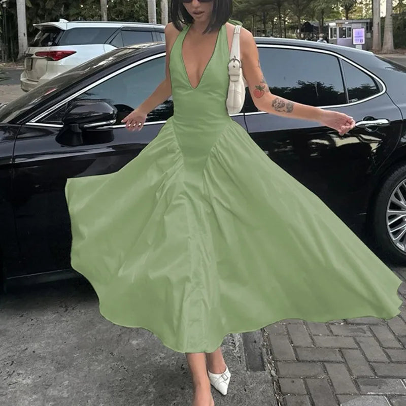 Halter Plunging V-Neck Drop Waist Pleated Fit and Flare Midi Dress