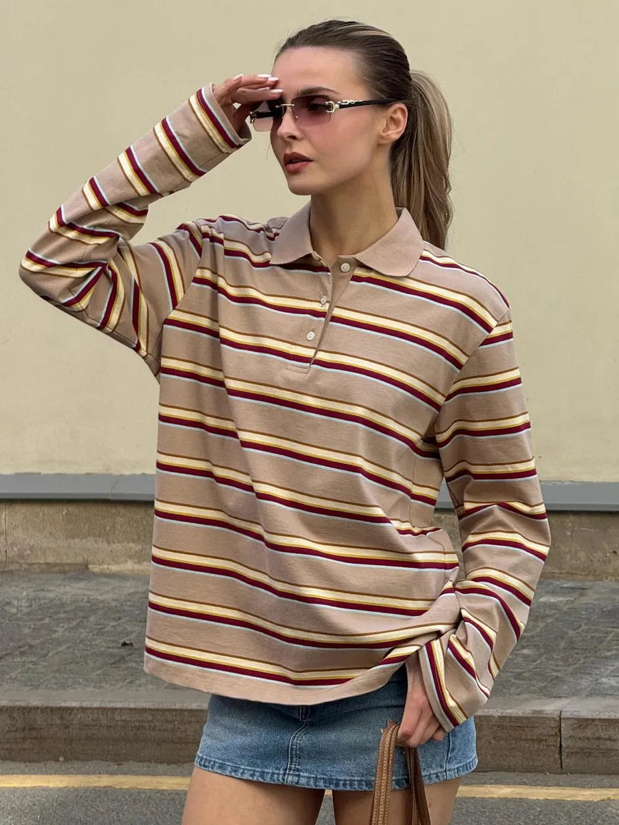 Spring Summer New Women's Retro Striped Polo Collar Oversized Long Sleeve T - Shirt Trendy Casual Loose Basic Top