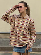 Spring Summer New Women's Retro Striped Polo Collar Oversized Long Sleeve T - Shirt Trendy Casual Loose Basic Top