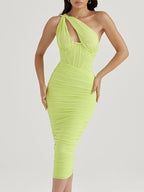 One Shoulder Keyhole Cut Out Corset Seam Ruched Bodycon Midi Dress