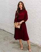 Gathered Mock Neck Lantern Sleeve Tie Waist A-Line Midi Dress