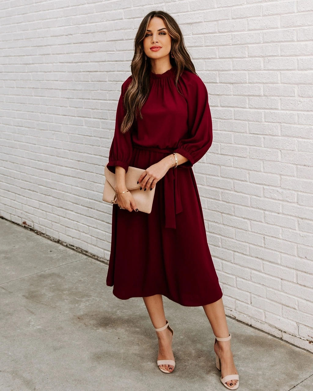 Gathered Mock Neck Lantern Sleeve Tie Waist A-Line Midi Dress
