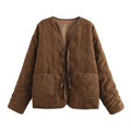 Brown Quilted Padded Suede Coat Women Long Sleeve Lace Up Cropped Jacket Autumn Winter Casual Lightweight New In Outerwears