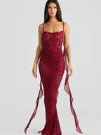 Lace Backless 3D Rosette Ruffle Streamer Midi Dress