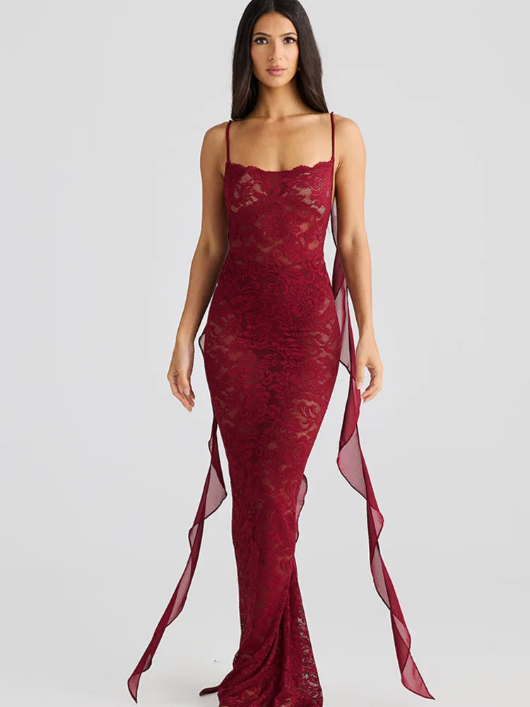 Lace Backless 3D Rosette Ruffle Streamer Midi Dress