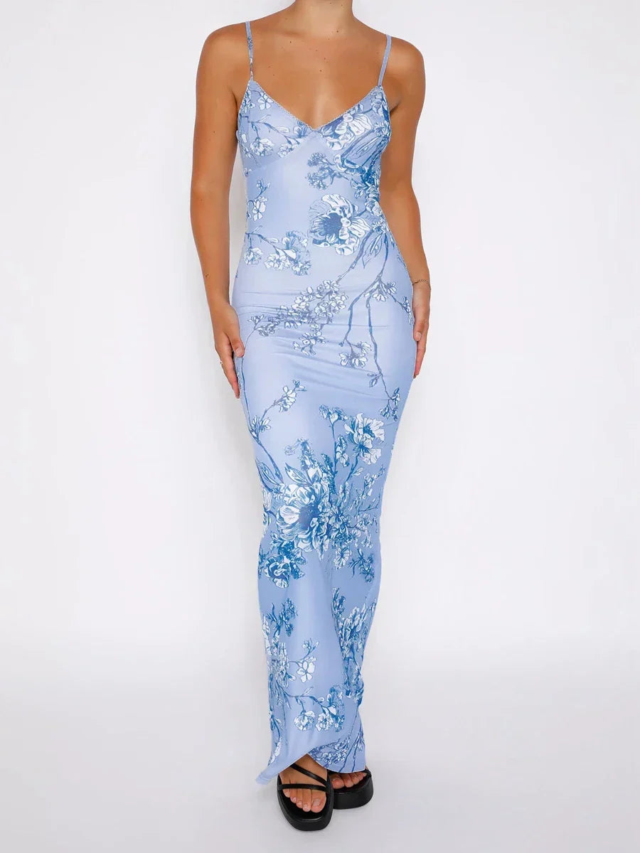 Scoop Neck Spaghetti Strap Floral Print Bustier Bodycon Maxi Dress