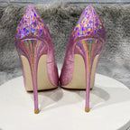 Pink Laser Shiny Crocodile Effect High Heel Shoes for Women