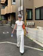 Women Lace Patch Strap Bootcut Pants white