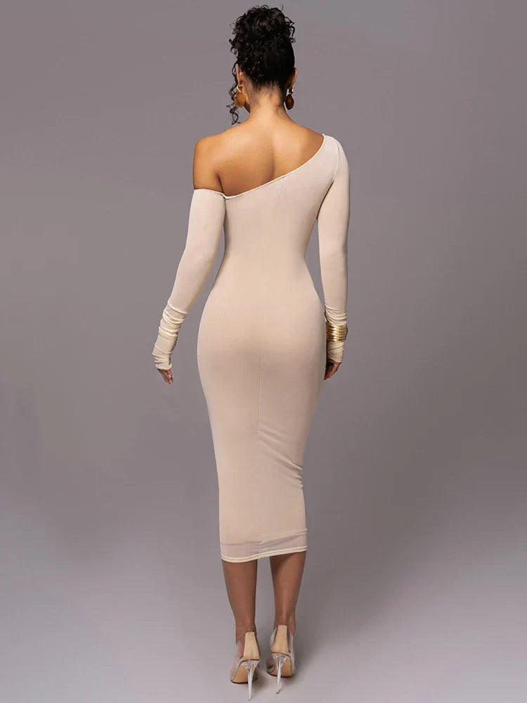 Asymmetric Off Shoulder Ruched Panel Bodycon Midi Dress